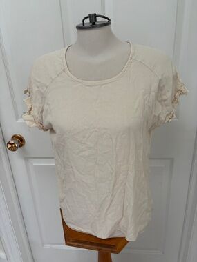 Bali Cream Scoop Neck Short Sleeve Top with Ruffle Trim